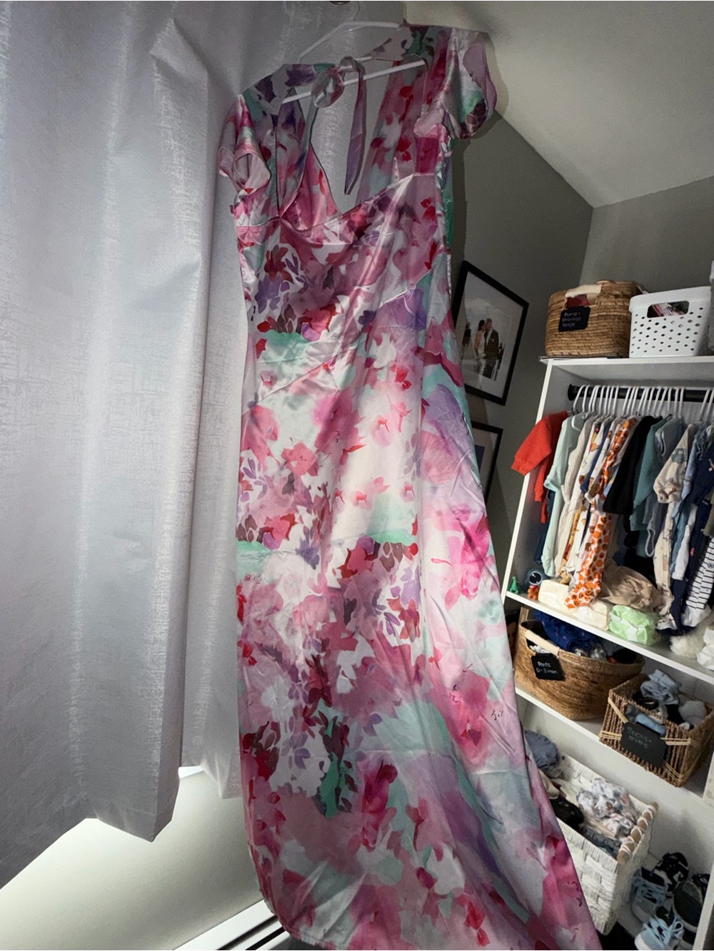 Pink Floral Satin Maxi Dress with Draped Neckline